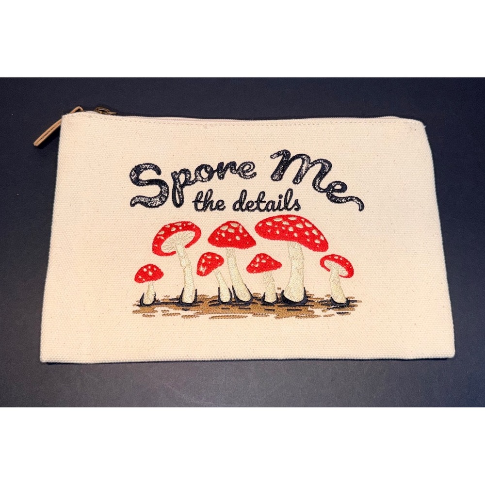 Spore Me the Details Mushroom Embroidered Canvas Pouch Cream